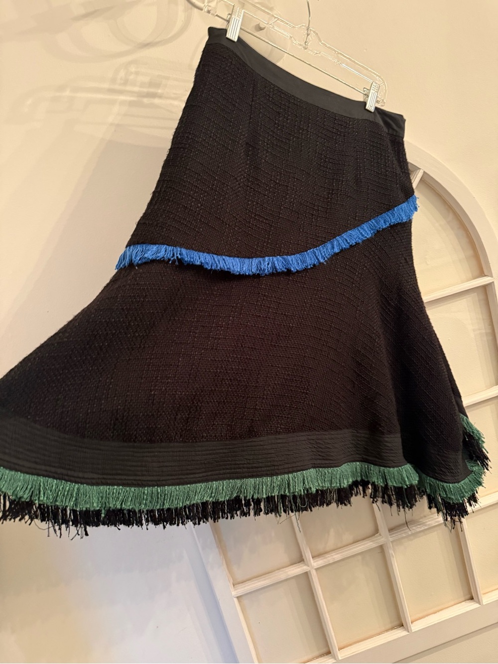 LR by Legally Red Black Textured Tweed Asymmetric Fringe Midi Skirt Western chic